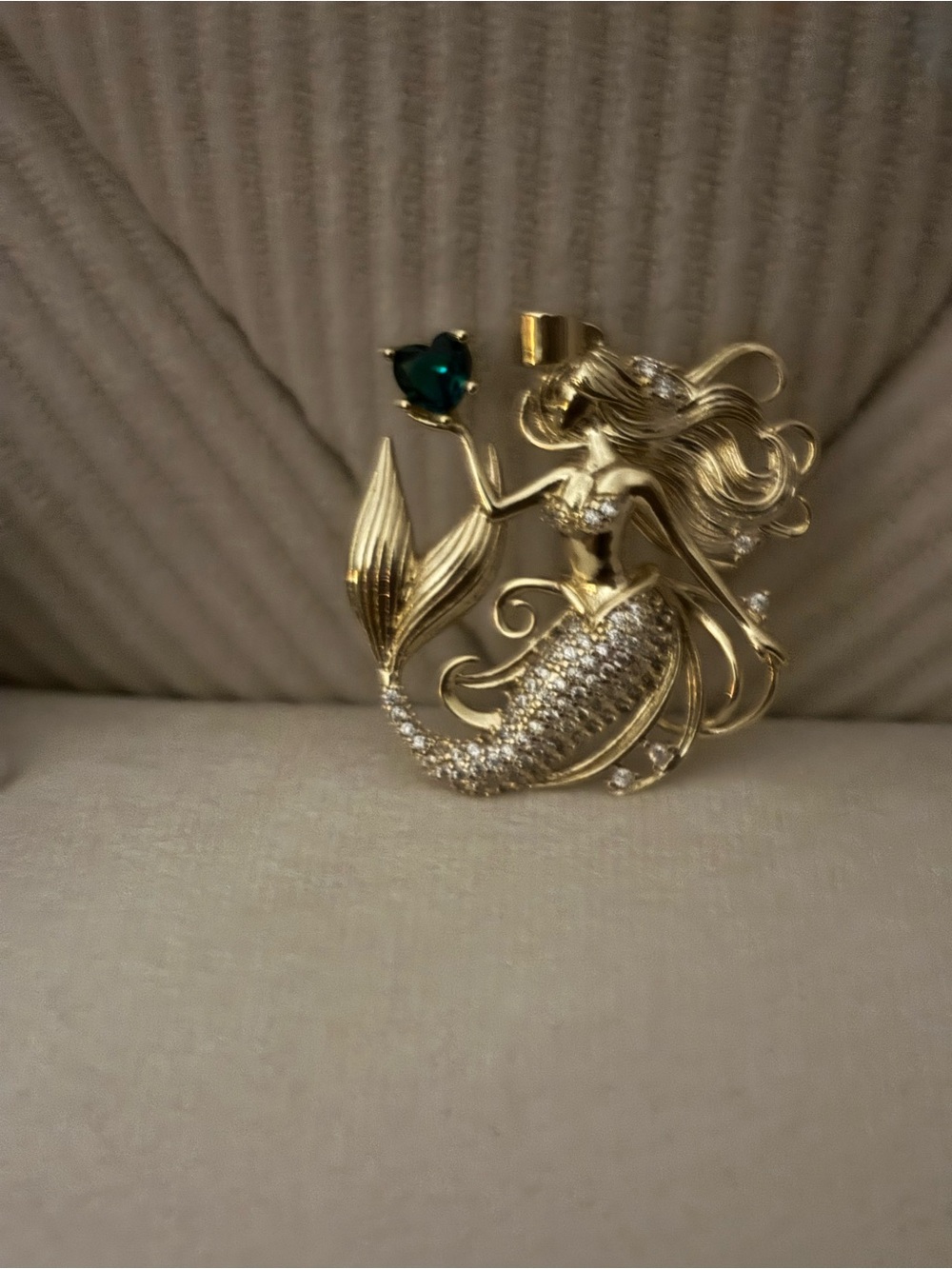 Gold Mermaid Pendant with Blue Green Heart Accent